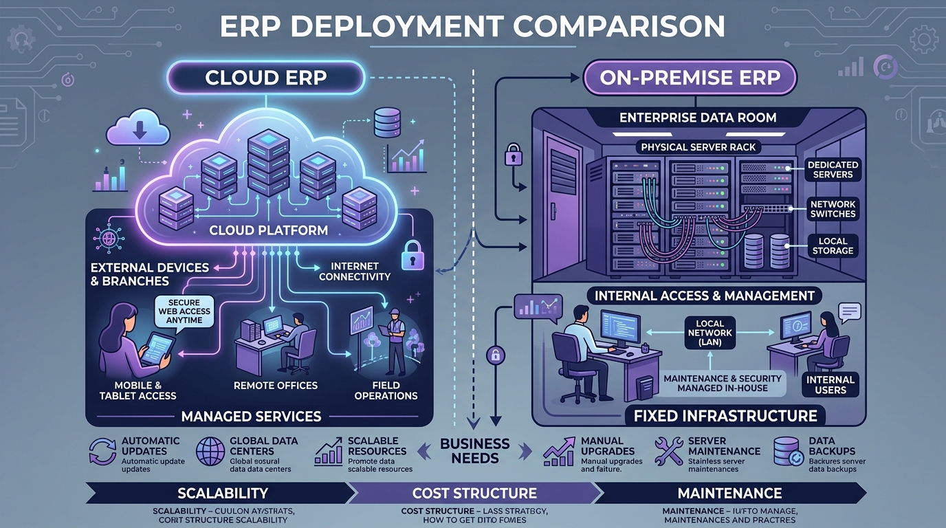 Technical comparison diagram of Cloud ERP architecture versus On-Premise physical server room