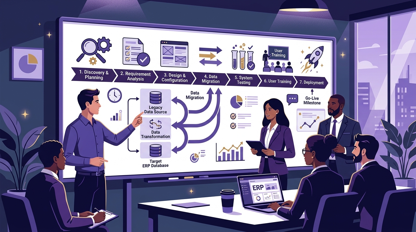 ERP software implementation project roadmap team discussion and whiteboard milestones