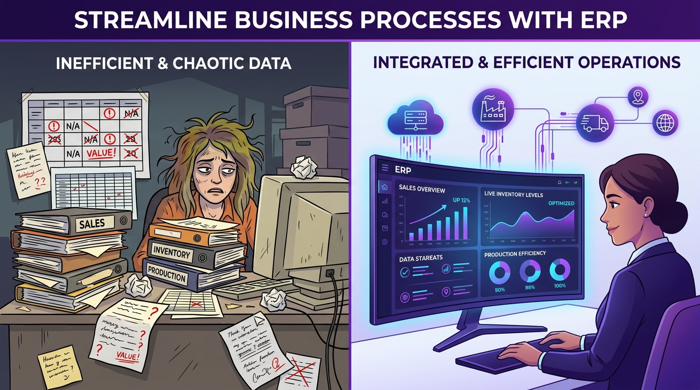 Comparison between chaotic Excel spreadsheets and modern integrated ERP software dashboard