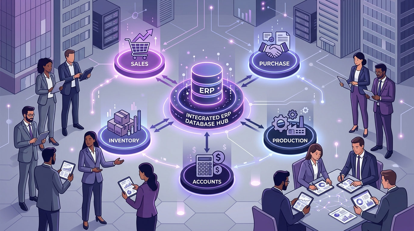 Integrated enterprise ERP database hub connecting Sales Purchase Inventory Production and Accounts