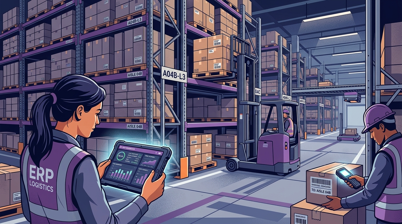 Modern warehouse inventory management tablet dashboard barcode scanning and pallet racking