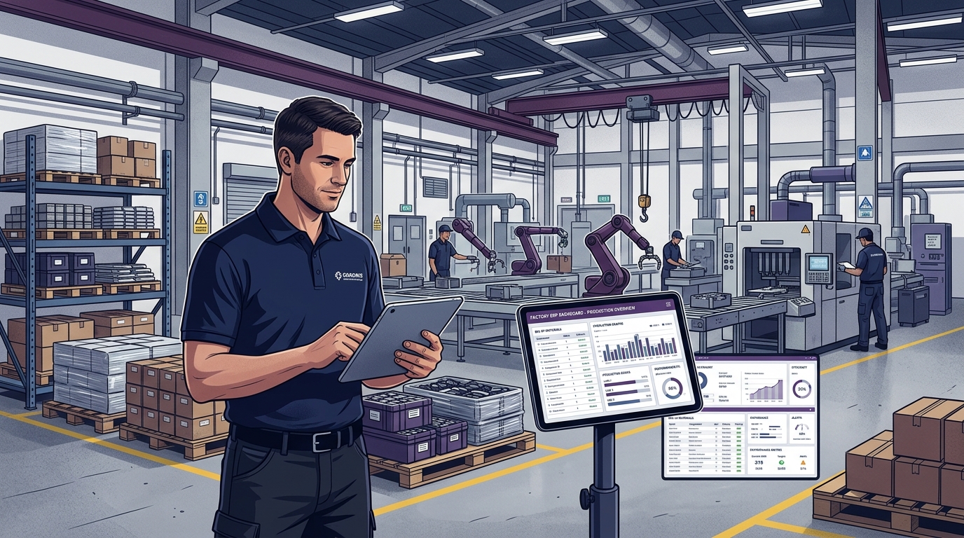 Plant manager reviewing manufacturing ERP dashboard on factory floor