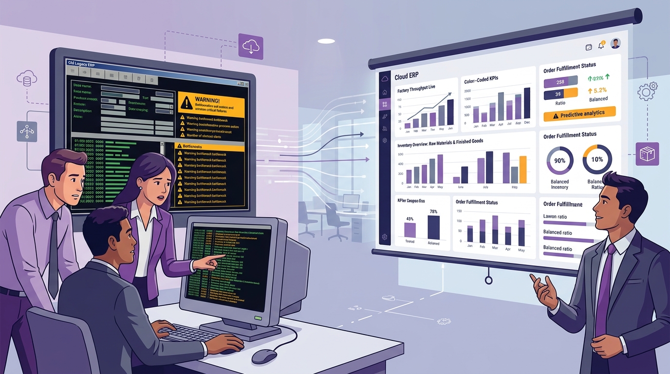 Executive team diagnosing legacy ERP warning signs and transitioning to modern cloud ERP dashboard